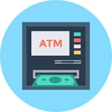 ATM dispensing money graphic on light blue background