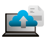 Data import graphic containing laptop with a blue cloud and upward pointing arrow