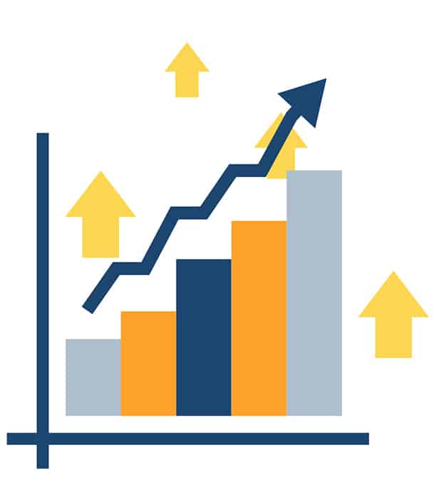 Business analytics icon chart in orange, blue, yellow and grey