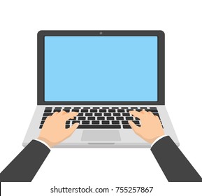 Cartoon hands operating laptop