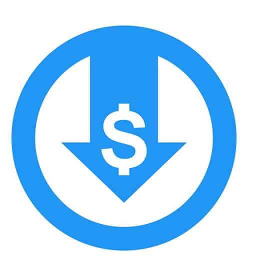 Blue arrow pointing down with dollar sign
