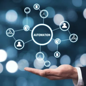 A benefit of automation linked in post picture, hand holding floating automation symbol.