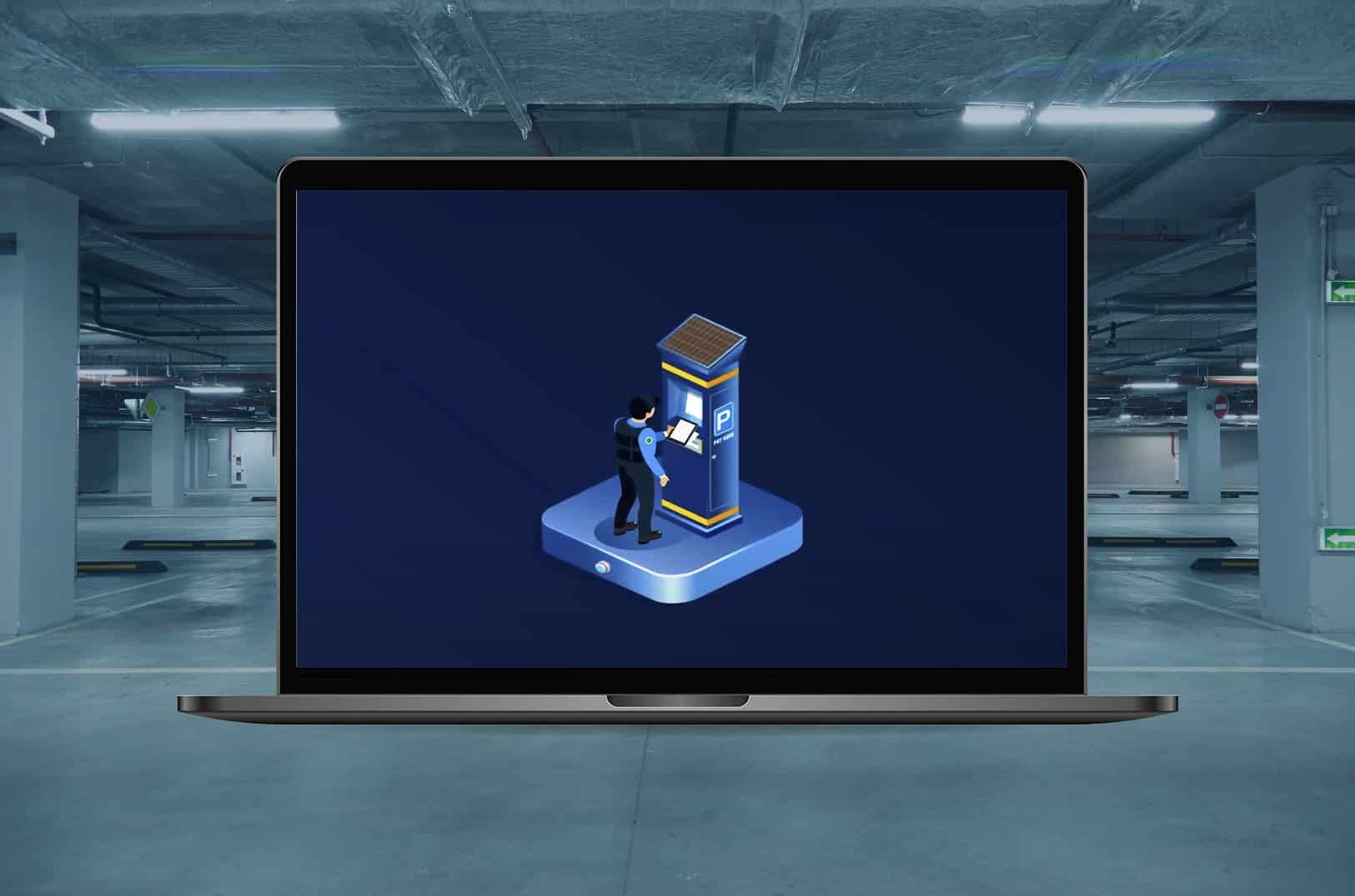 Laptop with parking operator and carpark background